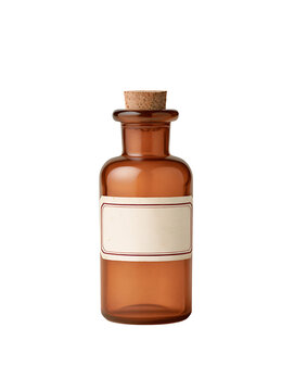Vintage amber glass bottle with a cork stopper and a blank white paper label, isolated against a solid black background for versatile use
