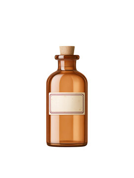 Vintage amber glass apothecary bottle with cork stopper and blank retro paper label isolated on deep black background for creative design