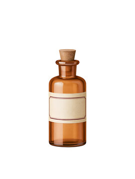 Vintage amber glass bottle with cork stopper and blank label isolated on black background for medical potion or alchemy concept design