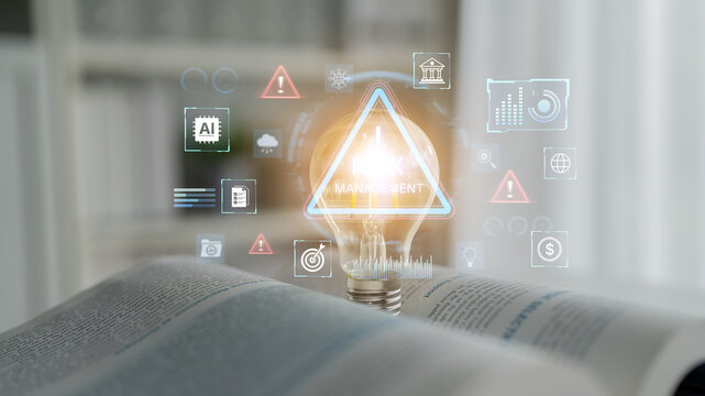 Futuristic risk management featuring AI agents analyzing data, detecting anomalies, and predict financial threats. Represents dynamic risk assessment, compliance, and cyber resilience. Corpus