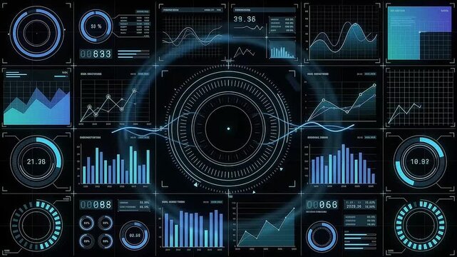 Futuristic analytics dashboard user interface animation with charts and data graphs