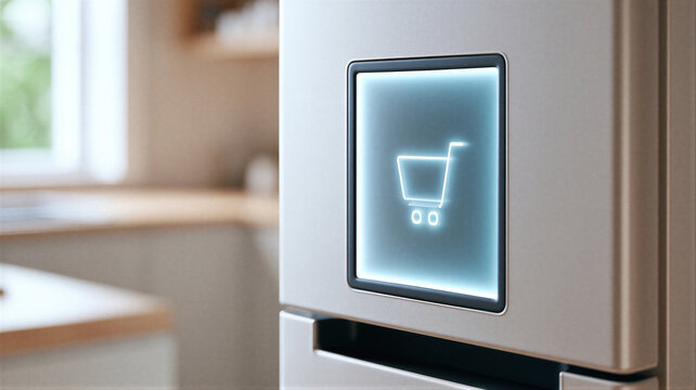 Smart refrigerator control panel with shopping cart icon glowing in neon blue.