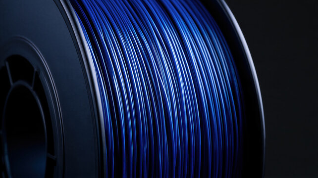 Blue filament spool with glowing neon wire on dark background. Technology companies and manufacturers use for production and material promotion.