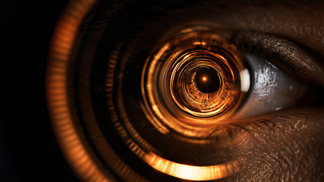 Close-up of animal eye with glowing orange iris and concentric light circles.