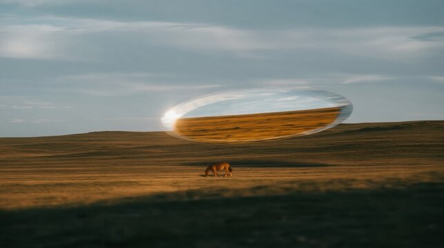 Brown horse grazing in a sunny meadow viewed through a surreal floating portal on a vast, pale blue-grey plain with copy space