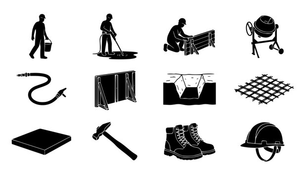 Construction Site Concrete Casting Worker and Foundation Equipment Silhouettes