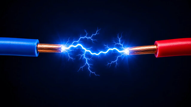 An electric arc flashes brightly between the exposed copper ends of a blue and a red wire against a dark background.