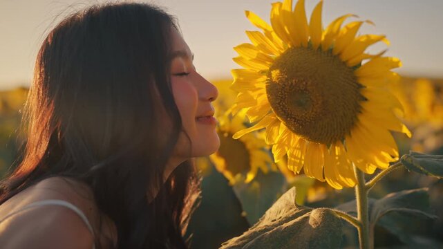 Young Asian woman enjoying blooming sunflower with eyes closed in golden sunset light, peaceful female connecting with nature in flower field, summer beauty.