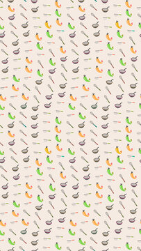 Seamless pattern of kitchen utensils and chili peppers