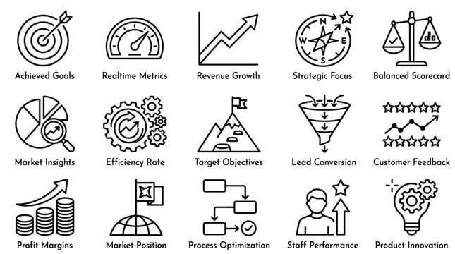 Business growth icons illustrating achieved goals, revenue, and market position for financial planning and performance tracking.