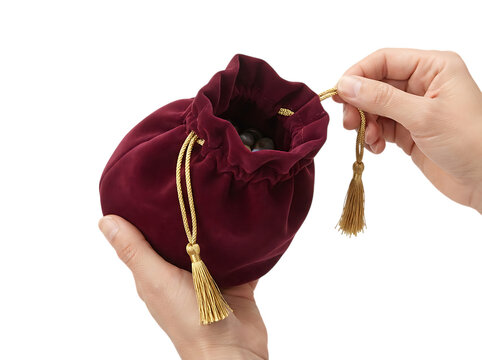 Hands opening velvet burgundy pouch with golden tassels on transparent background