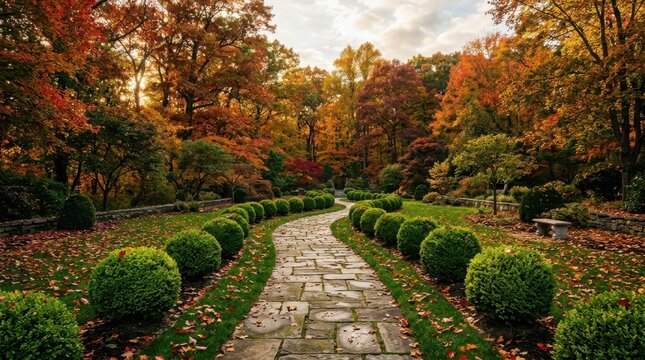 Stone path bordered by round green bushes leading through a park in autumn splendor.