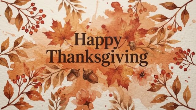 Watercolor autumn greeting card with "Happy Thanksgiving" text, maple leaves, acorns, and berries on a textured paper background