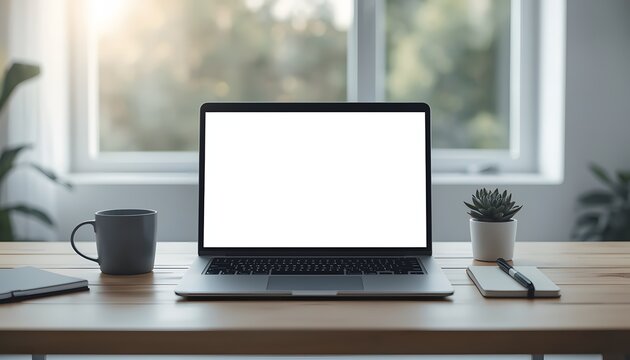 Minimal Laptop Screen Mockup on Wooden Table near Window