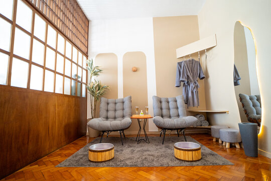 Elegant Spa Waiting Area with Comfortable Lounge Chairs