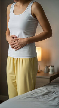 Torso of a woman holding abdomen in discomfort, representing pain, illness, or digestive issues, applicable to healthcare or wellness themes