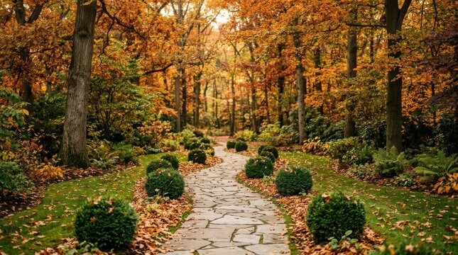 Winding stone path through autumn forest with golden foliage and green shrubs.