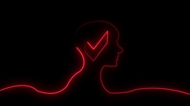 Glowing neon line Human head with tick mark icon on black background. .Glowing neon line Head silhouette icon isolate video black background.