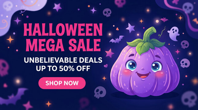 Halloween mega sale announcement with a purple pumpkin character and sale details, symbolizing festive discounts and seasonal shopping