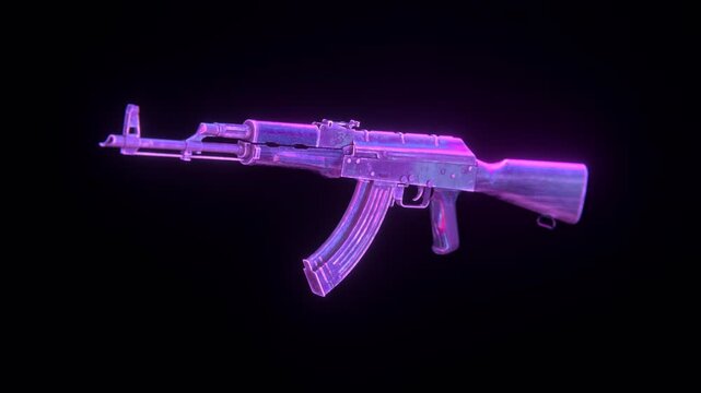 Stylized 3d animation of a spinning ak 47 assault rifle with clean low poly geometry on alpha channel, ideal for gaming channels, action video intros, and battle royale overlays