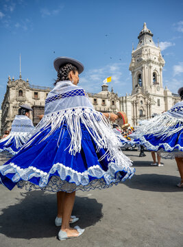 Lima, Per&uacute;, Peru : Female dancers from the group  &ldquo;Morenada Central&rdquo; perform during the Festividad en honor a la Sant&iacute;sima Virgen de Copacabana on Plaza Mayor in the historic center of Lima. 