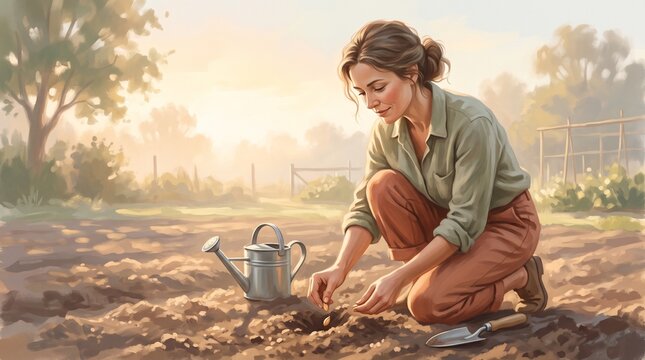 Starting Again Illustration with Woman Planting Seed, New Beginning and Personal Growth Concept