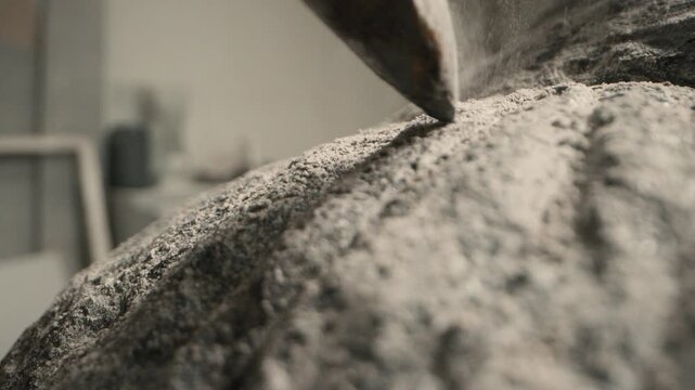 Sculptor uses pneumatic chisel on rough stone in workshop to create fine art craftsmanship