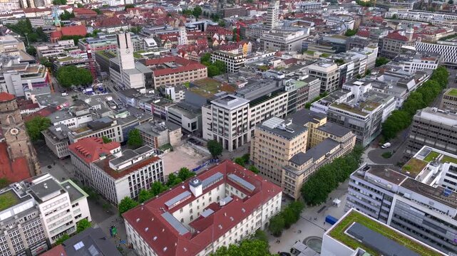 City Center of Stuttgart with mixture of modern and historic buildings, square Schlossplatz. Baden-Wurttemberg, Germany
