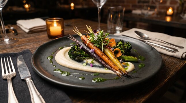 Gourmet Vegan Fine-Dining: Roasted Heirloom Carrots and Cauliflower Pur&eacute;e on Dark Ceramic Plate