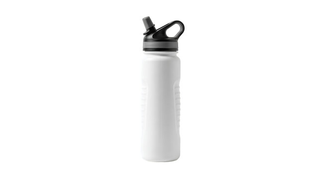 White plastic reusable water bottle with a black lid and carrying loop