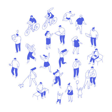 Isometric people set monochrome flat vector isolated on white background. Line art crowd of men, women and children outdoors