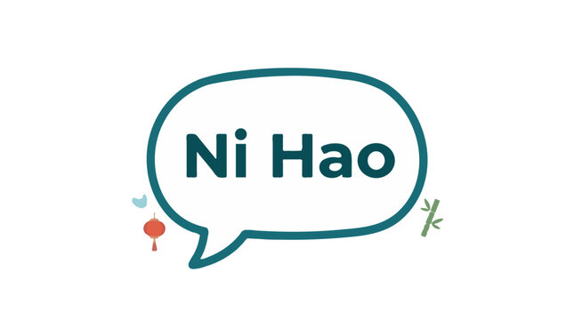 Speech bubble with "Ni Hao" text and Chinese cultural icons, flat design graphic element