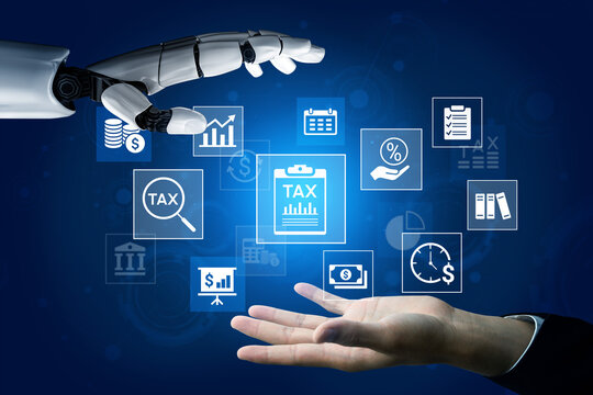 Futuristic Robotic Hand Reaching Towards Display of Tax-Related Icons and Data Conceptualized in Digital Format. Entropy.