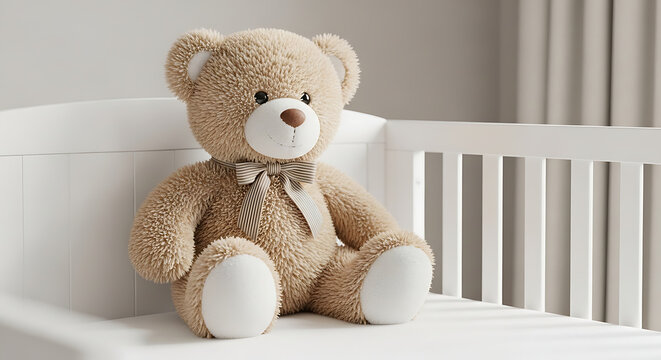 Cute fluffy teddy bear sitting in a white baby crib