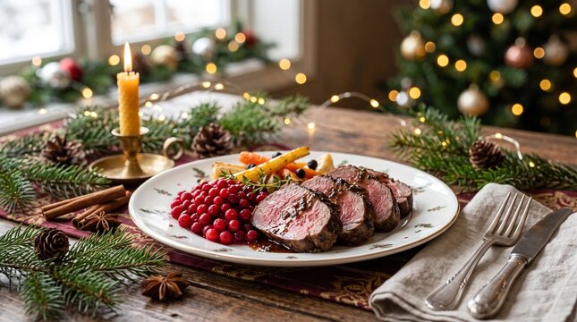 Slices of slow cooked reindeer tenderloin with fresh lingonberries on Norwegian Christmas table