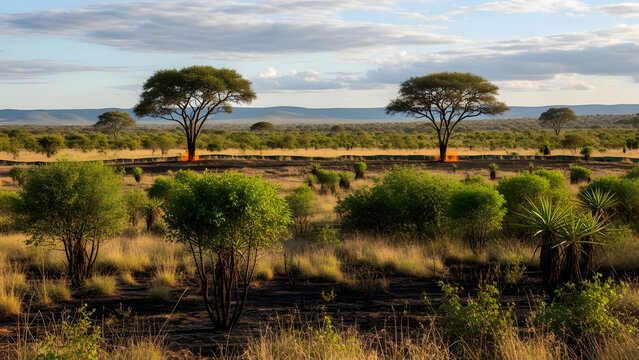 Serene Savannah Landscape With Acacia Trees.