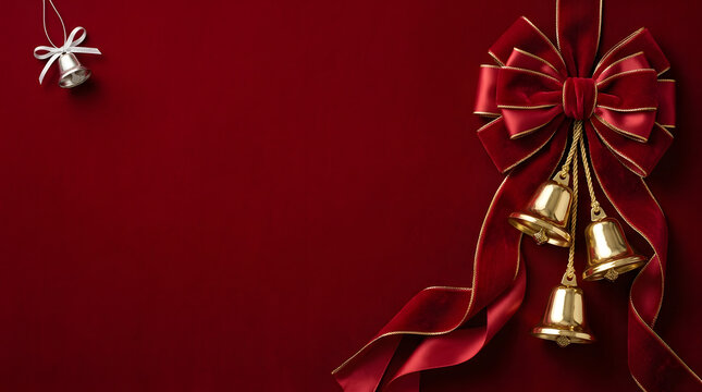 Elegant christmas background featuring golden jingle bells and a festive red silk bow on a deep red surface