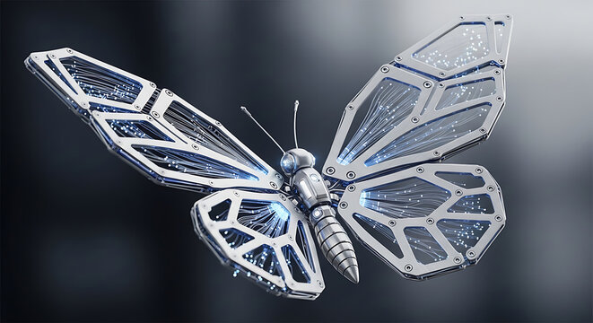 Futuristic Mechanical Robotic Butterfly with Illuminated Wings and Fiber Optics