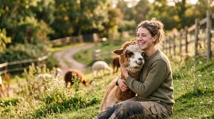 Fototapeta premium Happy woman hugging alpaca on farm with trees and fence