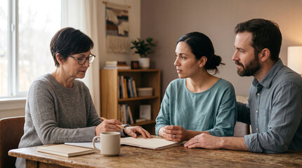Fototapeta premium Couple consults with advisor discussing financial documents at wooden table