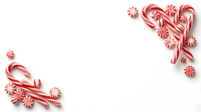 Festive christmas border made of red and white candy canes and peppermint candies on a clean white background