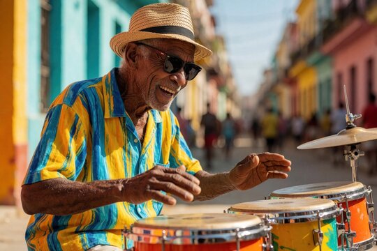 Elderly Cuban musician plays timbales on colorful street. Man wears straw hat and bright shirt, enjoys rhythm. Music fills Havana street scene.