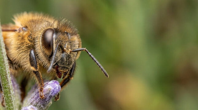 Extreme close-up macro of a bee on lavender flower collecting nectar