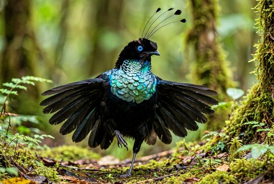 Male Lawes Parotia bird of paradise displaying iridescent turquoise chest feathers with spread black wings on mossy forest floor