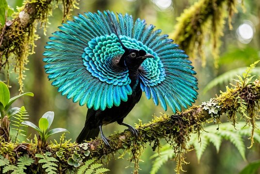 Lawes's Parotia bird of paradise male displaying vibrant turquoise blue courtship feathers on mossy branch in rainforest