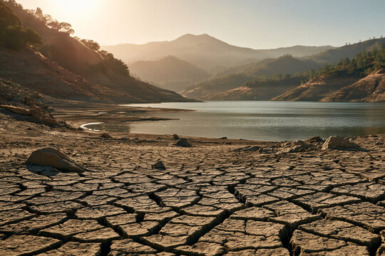 Powerful photorealistic environmental stock photograph of severely cracked dry earth 