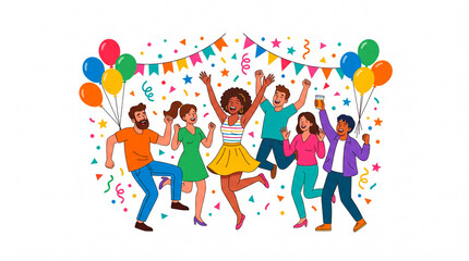 Fototapeta premium Diverse group of happy friends celebrating with balloons and confetti