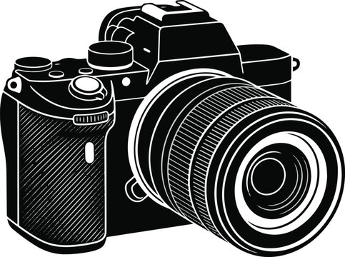 Professional mirrorless camera vector illustration, black and white digital SLR camera icon, modern photography equipment silhouette for logo design
