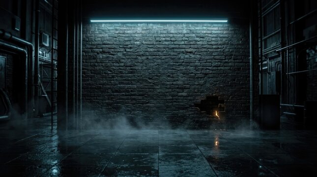 Dark urban brick wall illuminated by a single glowing neon light strip inside a misty cinematic abandoned industrial warehouse environment
