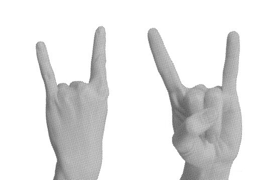 Halftone dotted hands showing rock horns gesture for heavy metal music art collage on a transparent background